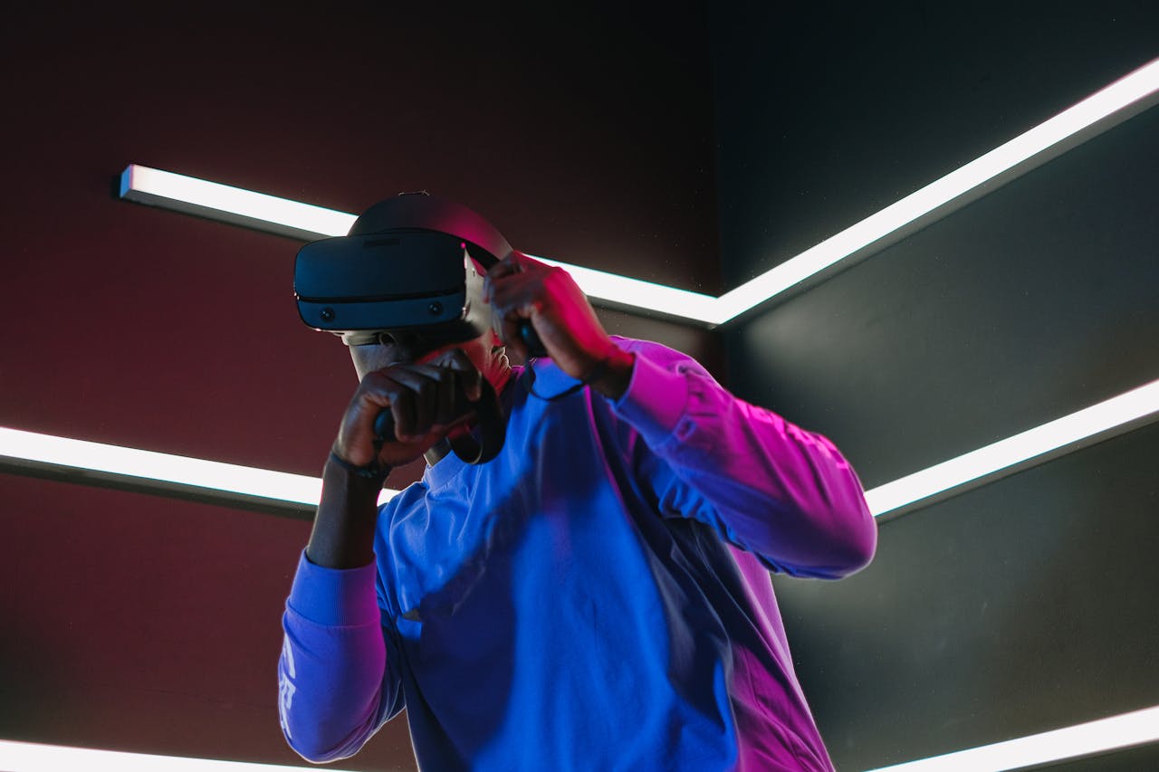 Home An adult man fully engaged in a virtual reality simulation with VR headset in a futuristic setting.